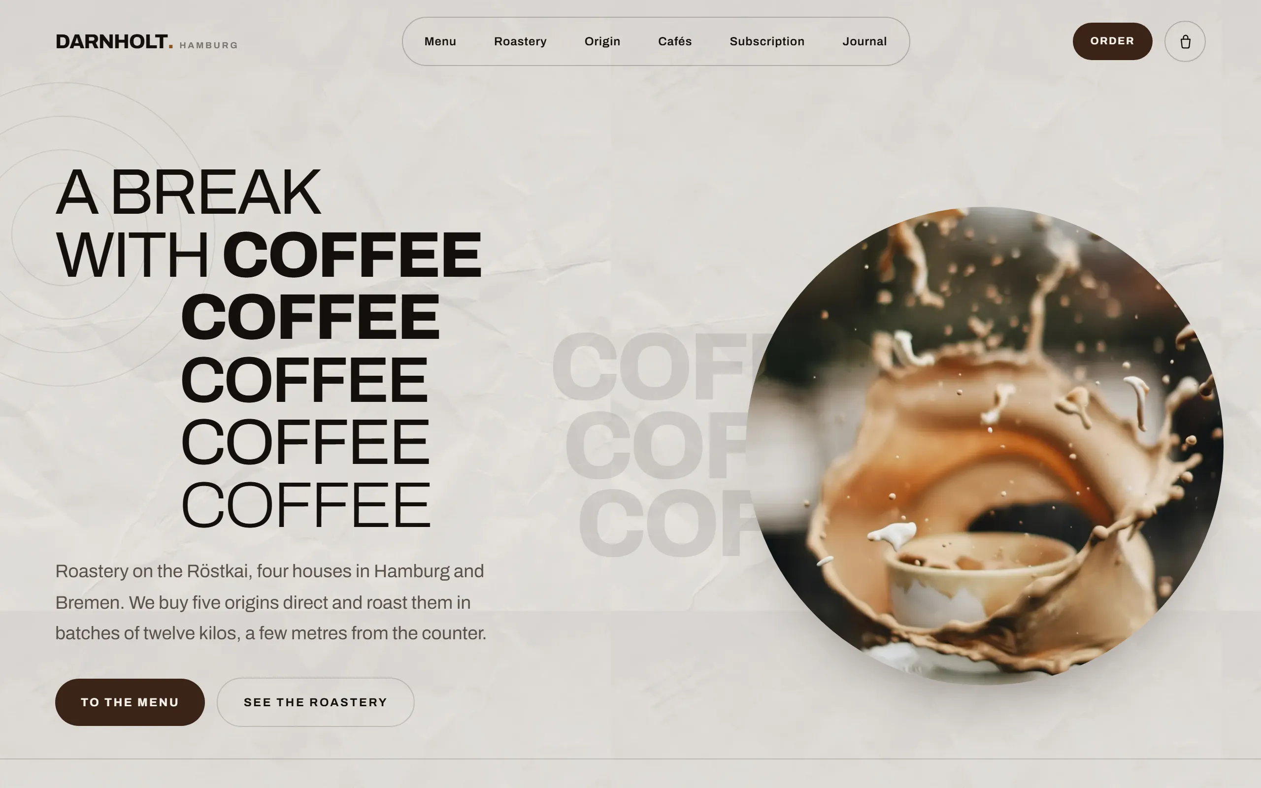 Home page of the Darnholt template with a stacked capitals headline on a paper coloured ground, a coffee photograph on the right and a warm brown band below