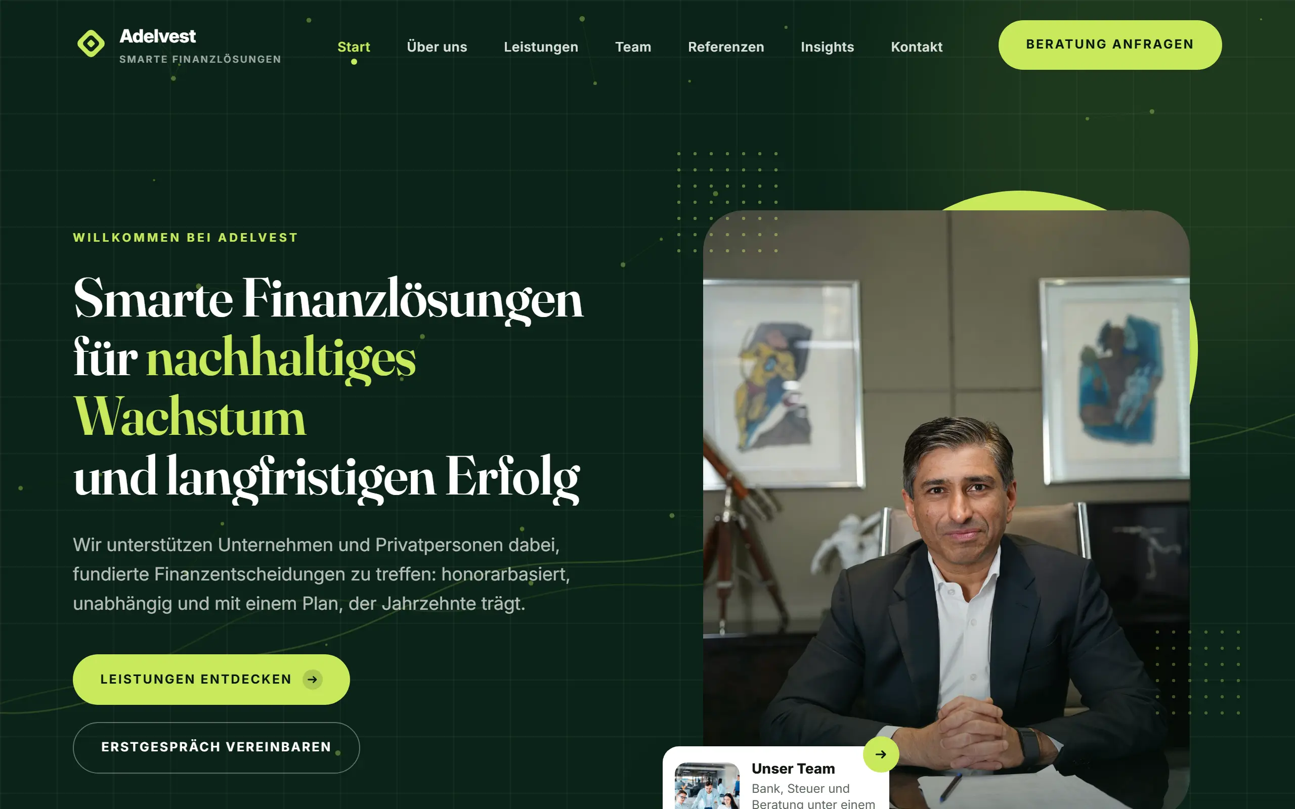 Startseite des Templates Adelvest für eine Finanzberatung