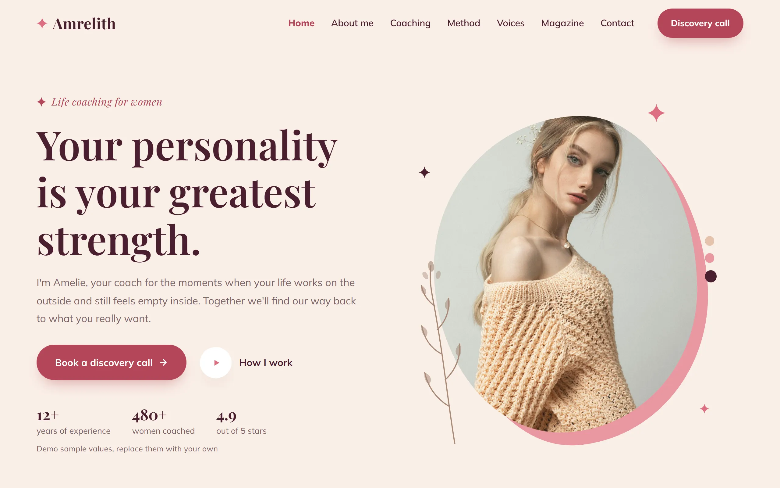 Homepage of the Amrelith template for a life coach