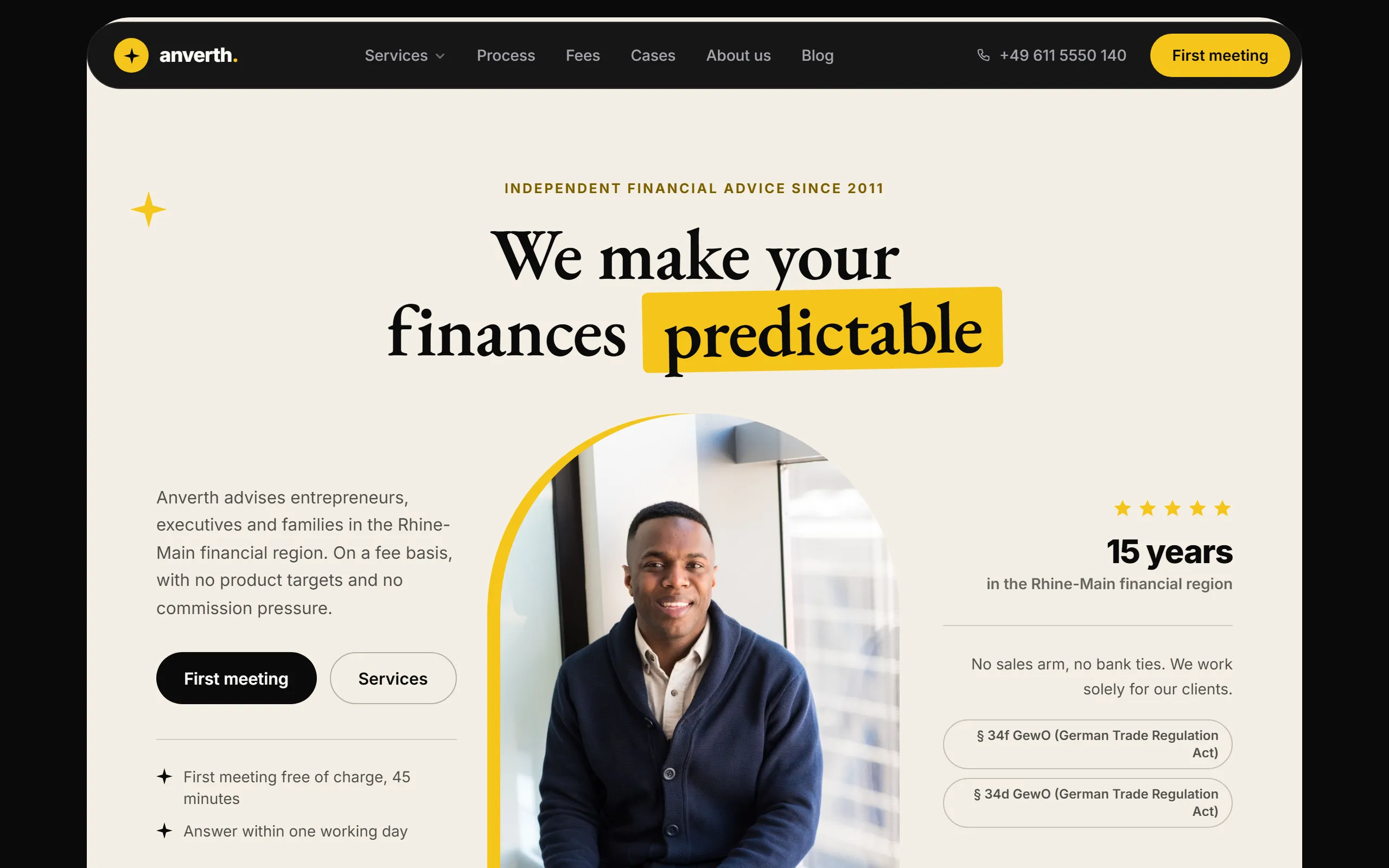 Home page of the Anverth template with an almost black ground, EB Garamond headlines, cream cards and a sun yellow accent