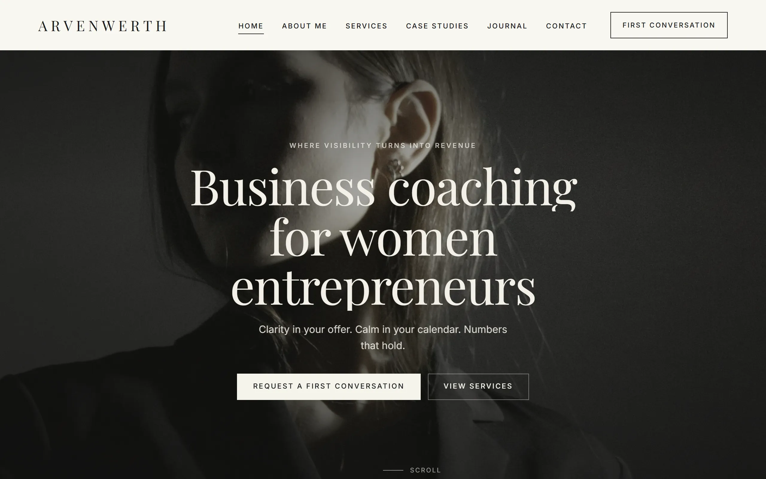 Homepage of the Arvenwerth template for business coaching for women entrepreneurs