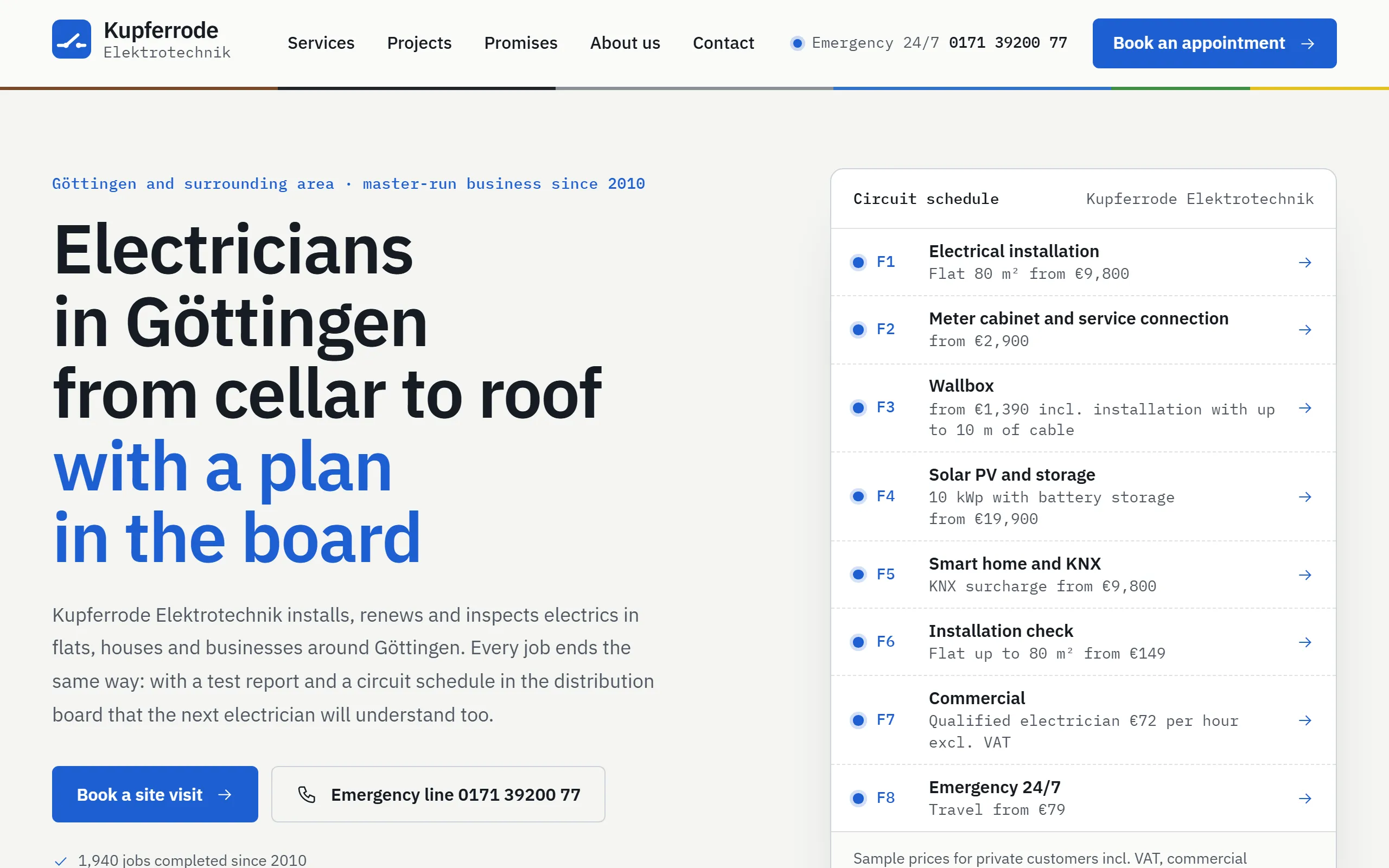 Home page of the Kupferrode template with the headline next to a circuit schedule of eight services with guide prices, below it a strip of three photos