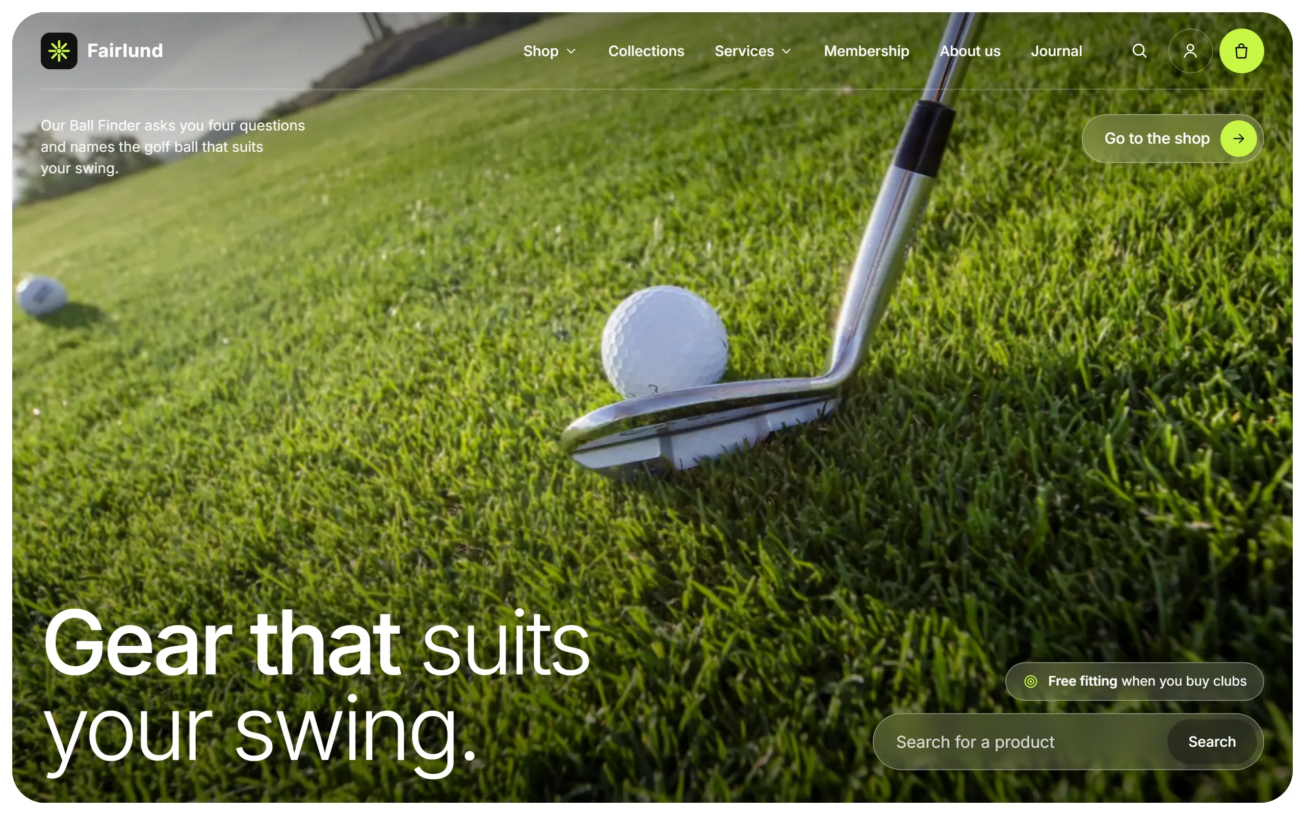 Home page of the Fairlund template with a golf ball photograph in a rounded frame, a large headline at the bottom left and a glass search field