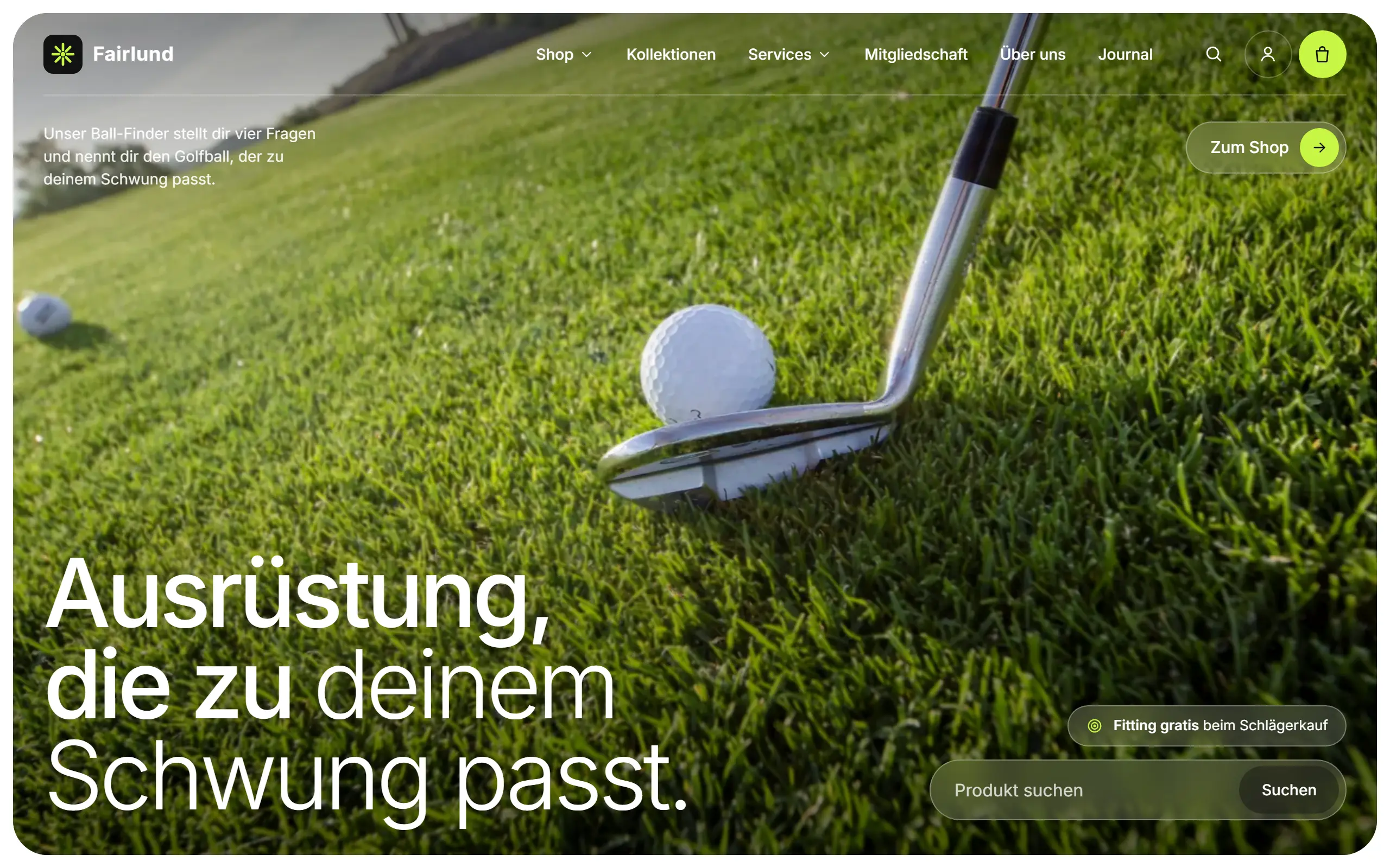 Startseite des Templates Fairlund für eine Golf-Store & Sporthandel