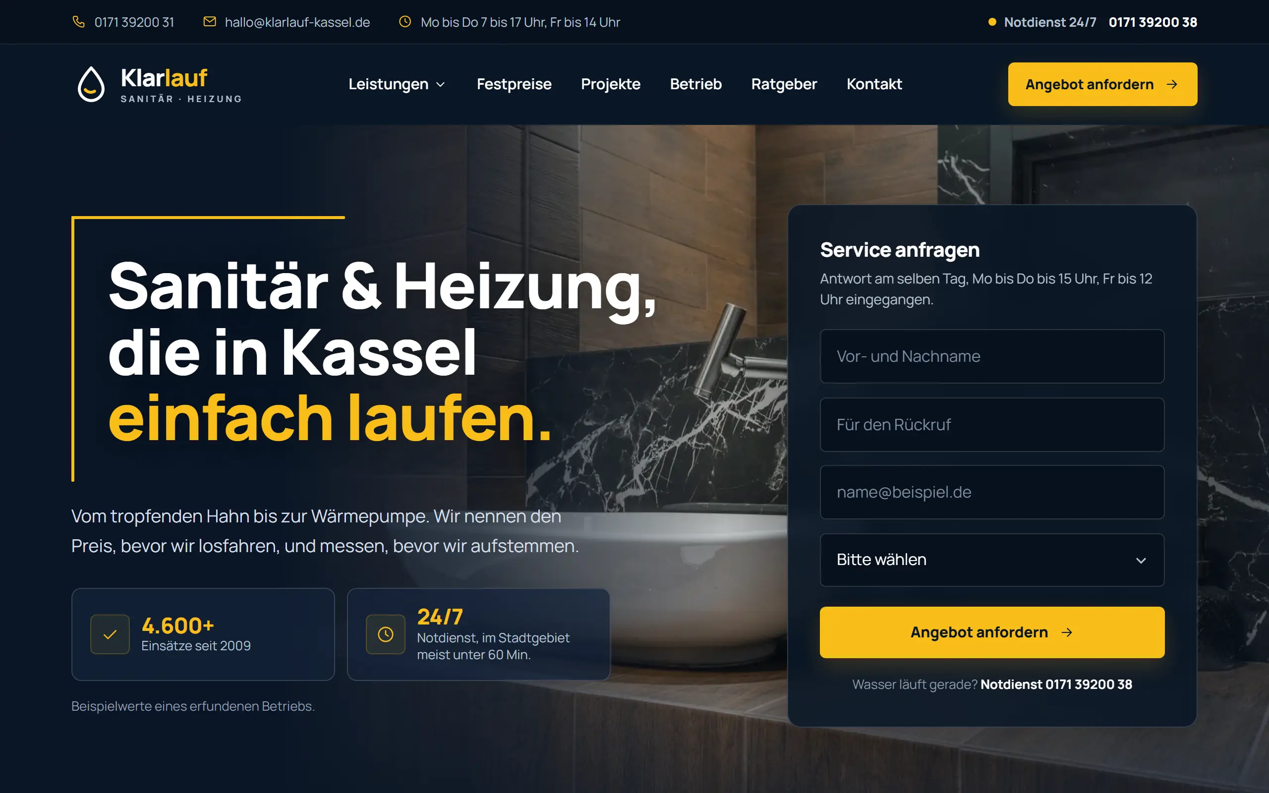 Startseite des Templates Klarlauf für Sanitär & Heizung