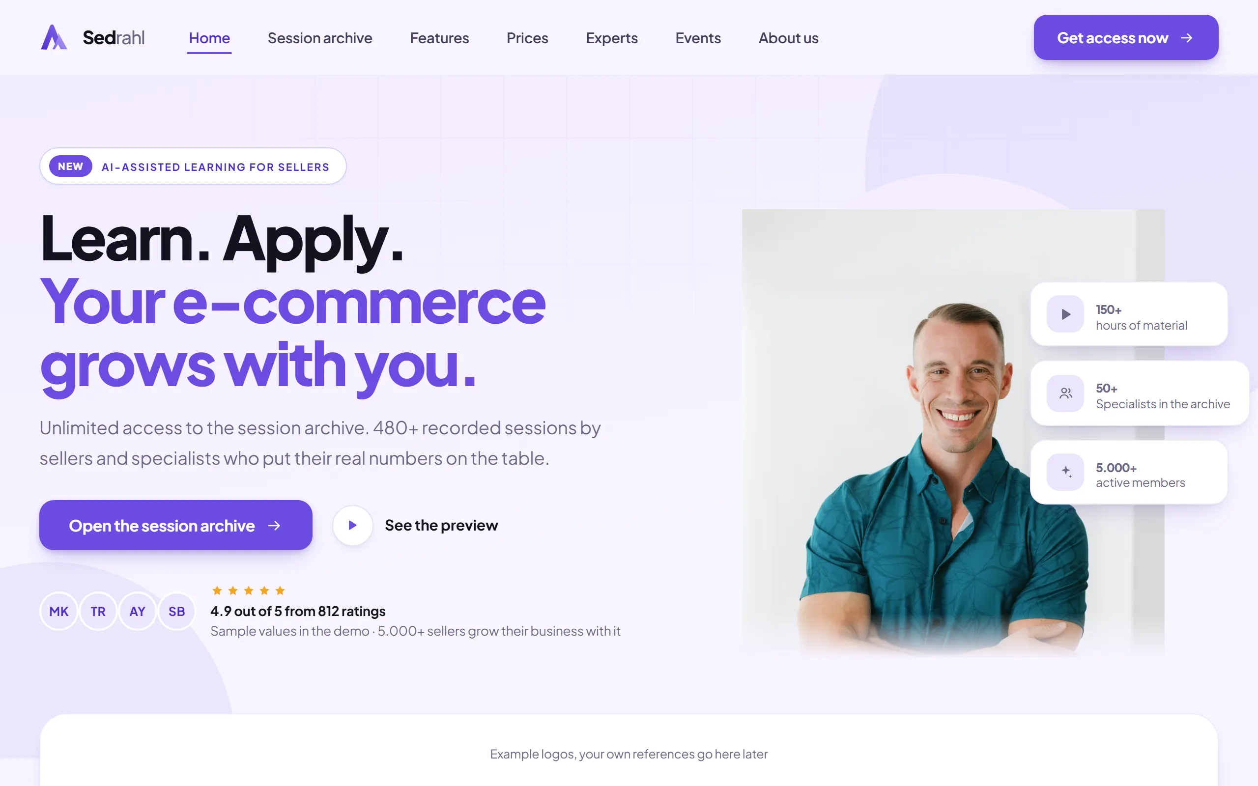Home page of the Sedrahl template with a rebuilt search interface on light lavender, a violet accent and session cards