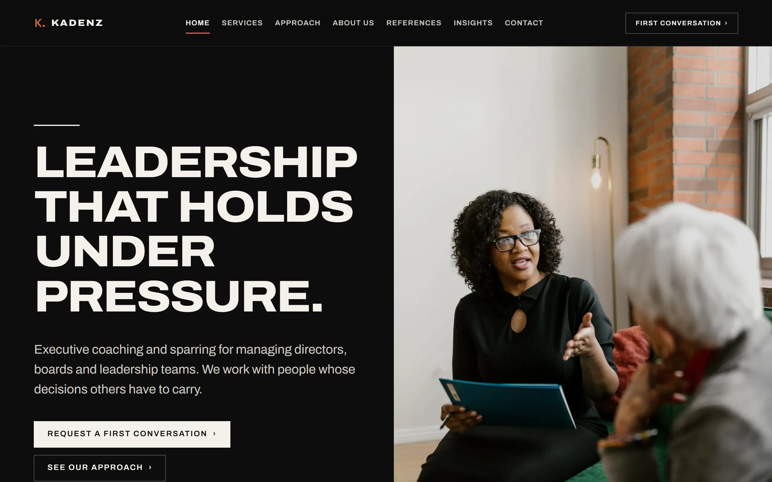 Home page of the Kadenz template, wide white capitals on a near-black surface with a full-bleed photograph on the right