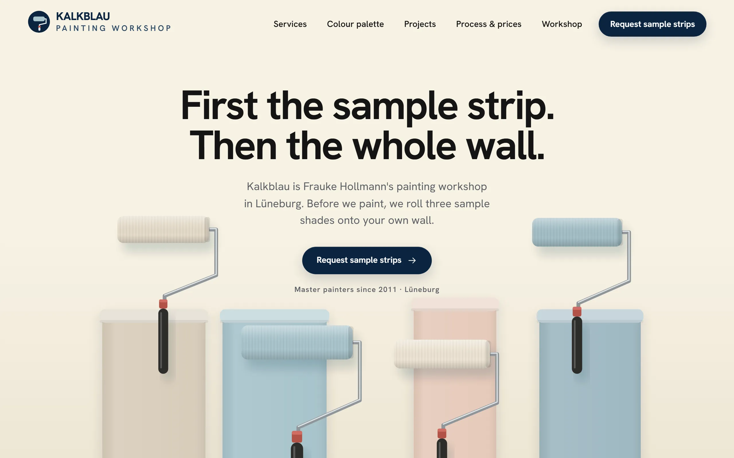 Home page of the Kalkblau template with a bold centred headline over four pastel paint strips and drawn paint rollers on a cream background
