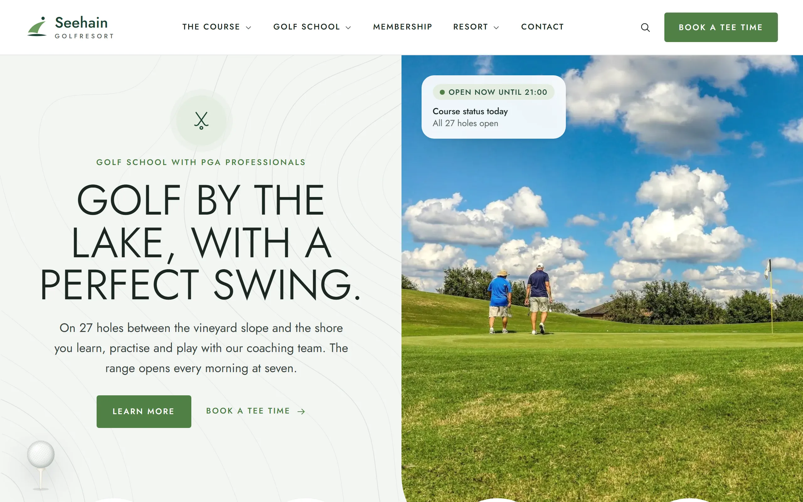 Home page of the Seehain template with a photo of the course, a three line heading and the site plan of the resort