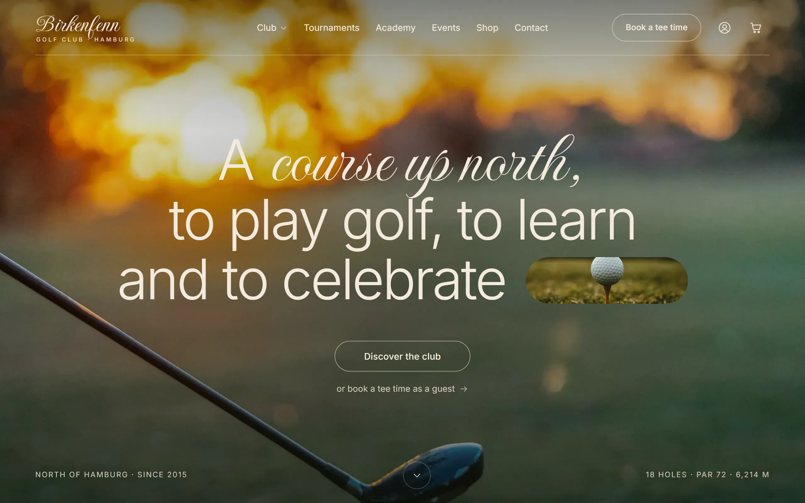 Home page of the Birkenfenn template with a golf driver against the evening light, script lettering and an olive header