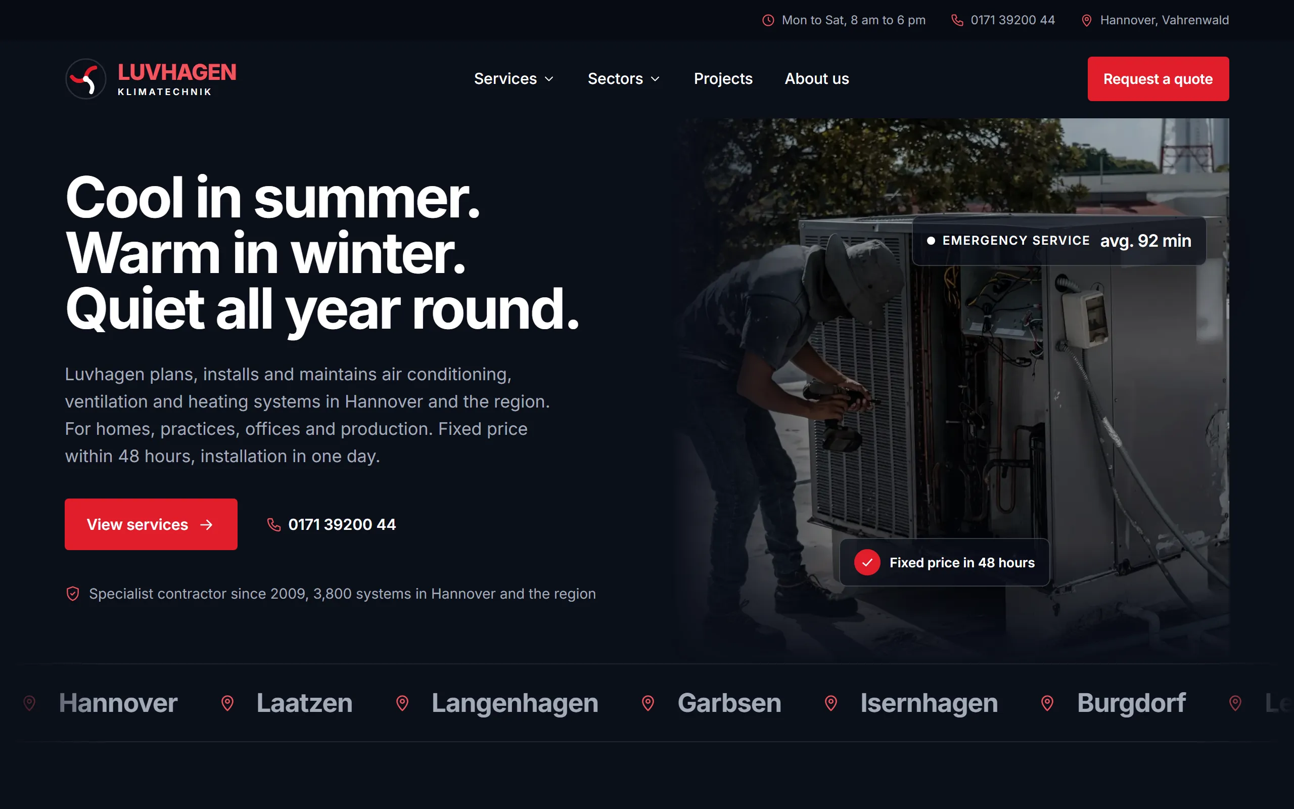 Home page of the Luvhagen template with a technician at a rooftop air conditioning unit, the headline on dark navy and two red buttons