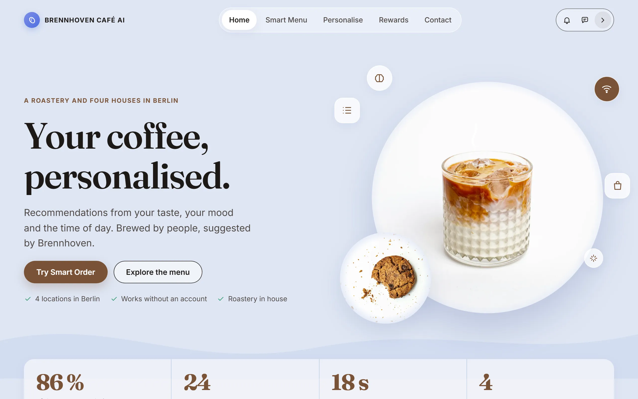 Home page of the Brennhoven template with a product disc on light periwinkle, floating icons and a row of key figures