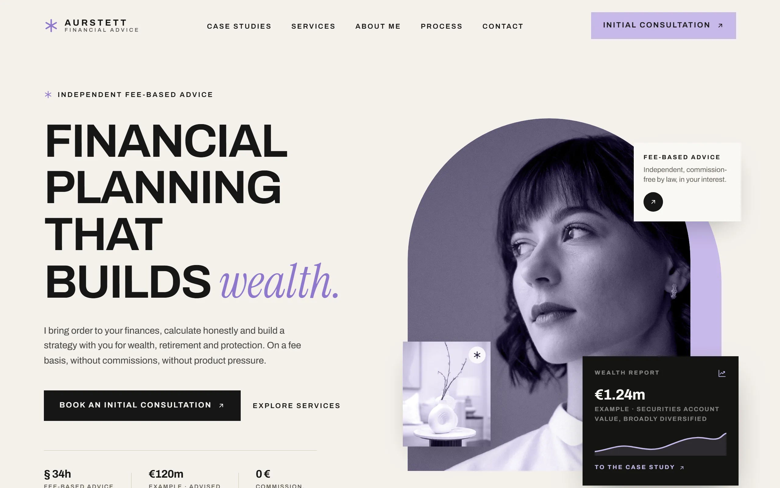 Home page of the Aurstett template with a serif headline, portrait in a lilac arch and calm neutral tones