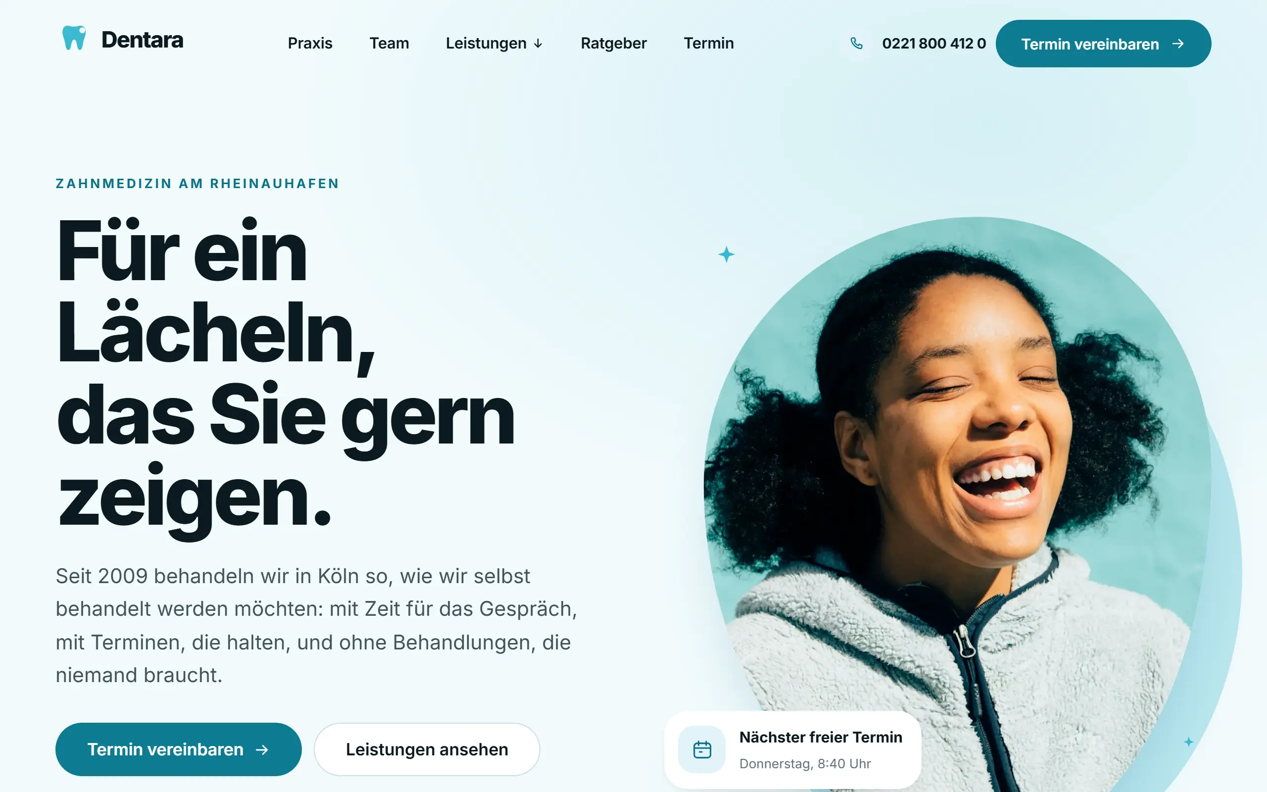 Startseite des Templates Dentara für eine Zahnarztpraxis & Gesundheit