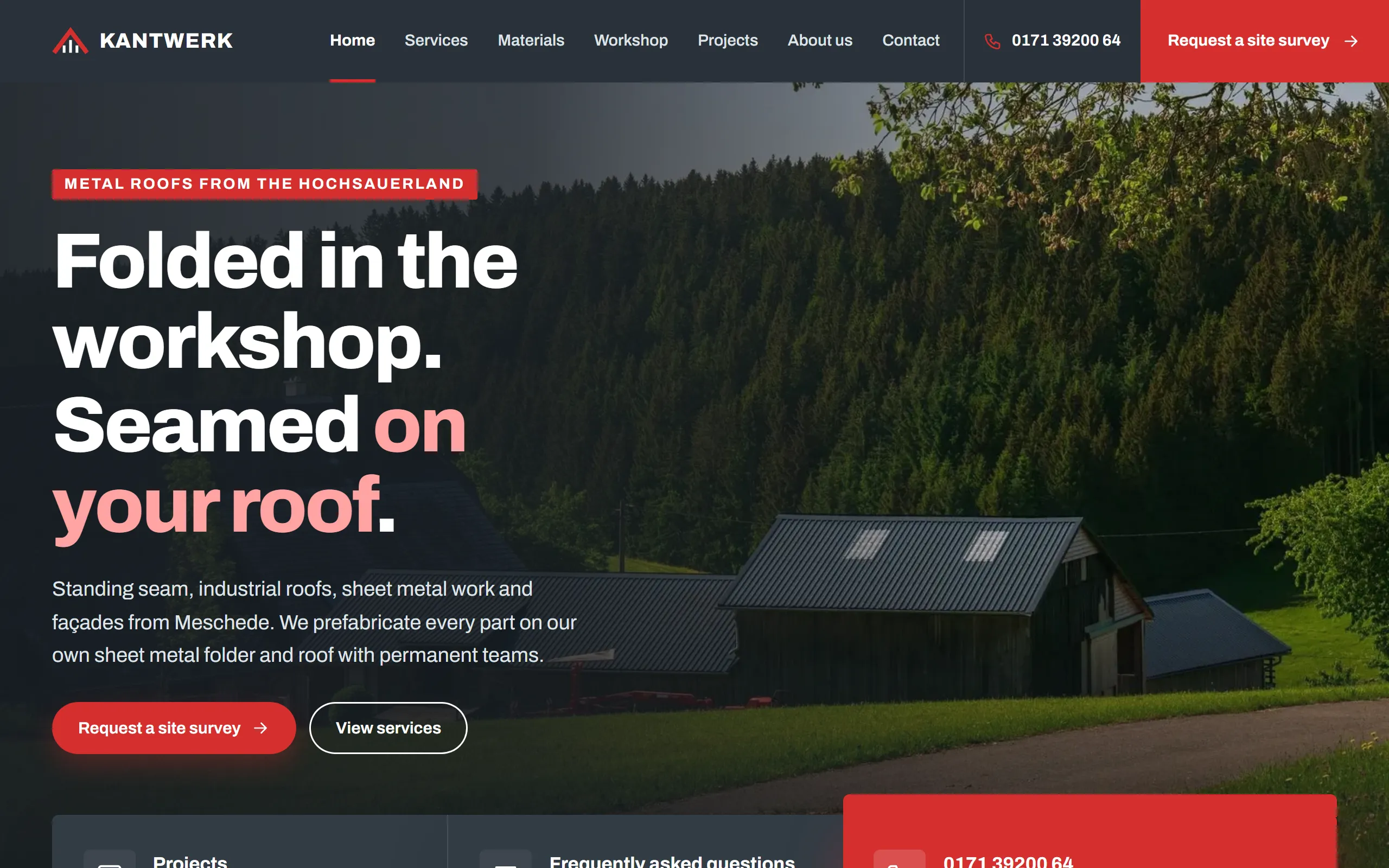 Home page of the Kantwerk template with farmhouses under dark metal roofs, the headline Folded in the workshop, seamed on your roof, and a red phone card below