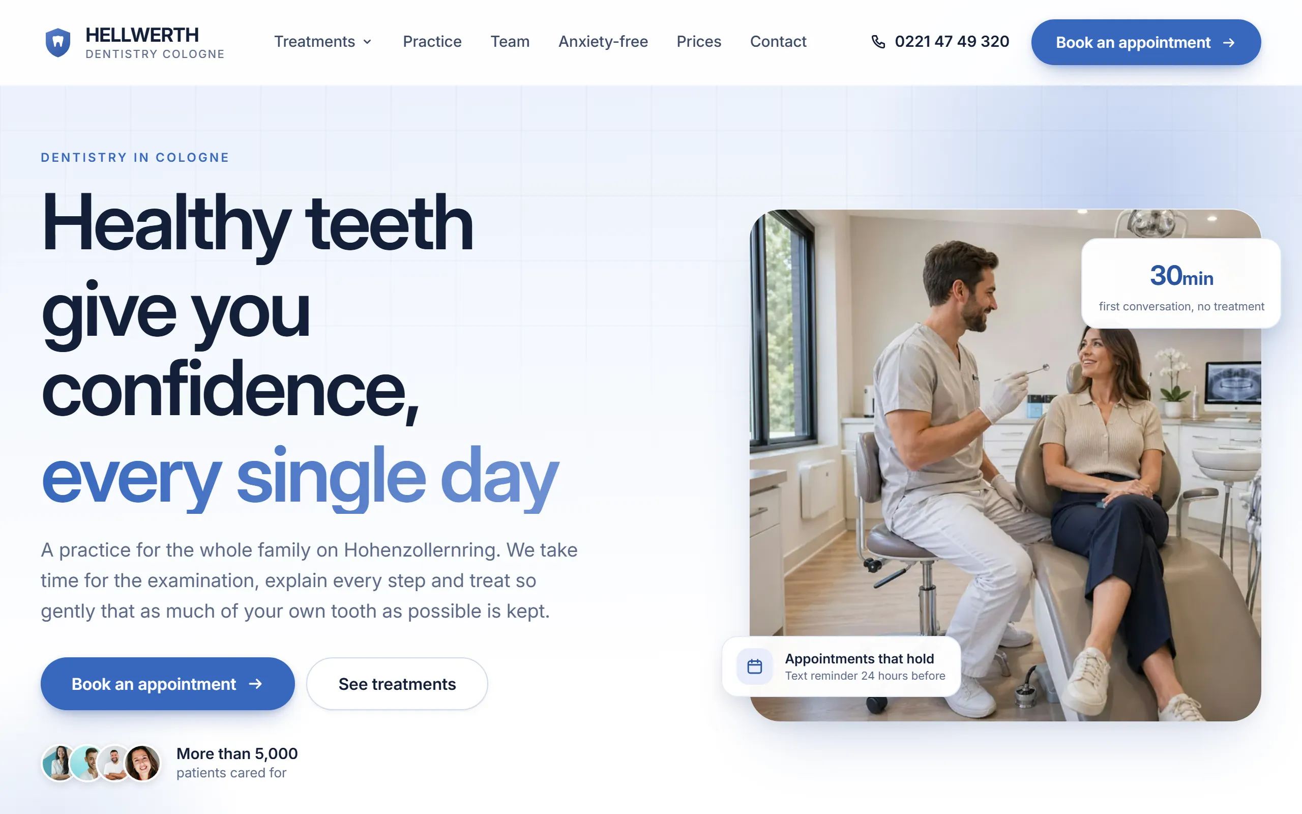 Home page of the Hellwerth template with a three line heading, a photo window and two floating cards