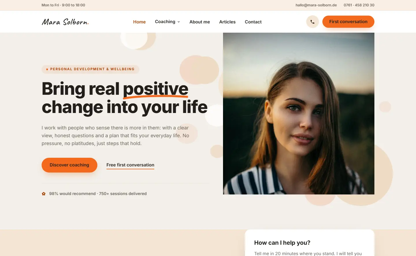 Homepage of the Solborn template for coaching and wellness