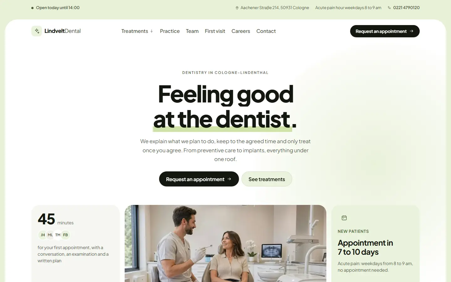 Home page of the Lindvelt template with a centred headline on a white sheet, a pistachio green frame and a band showing the length of the first appointment, a treatment room photo and the waiting time