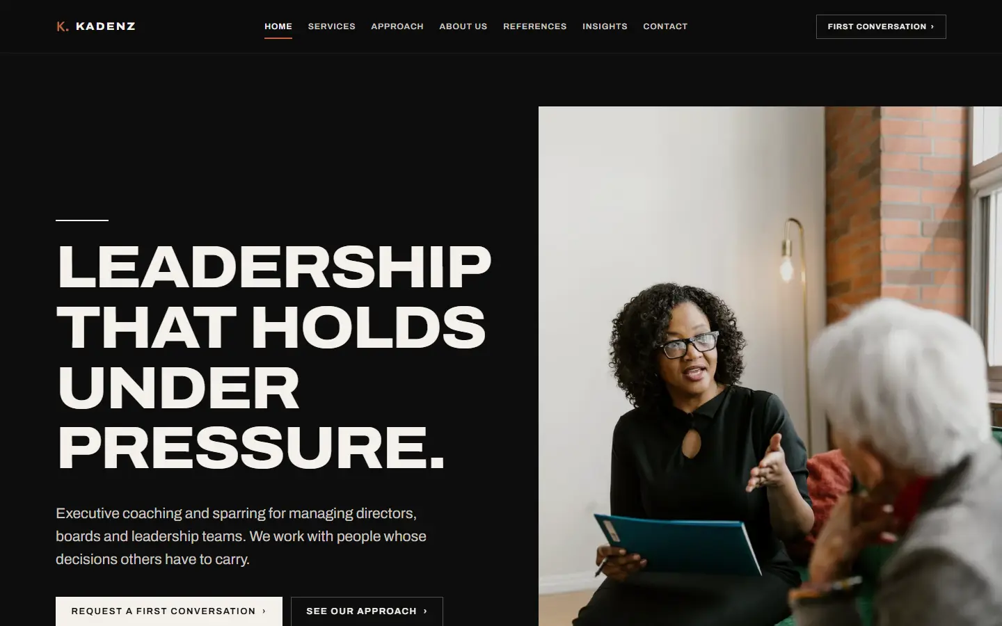 Home page of the Kadenz template, wide white capitals on a near-black surface with a full-bleed photograph on the right