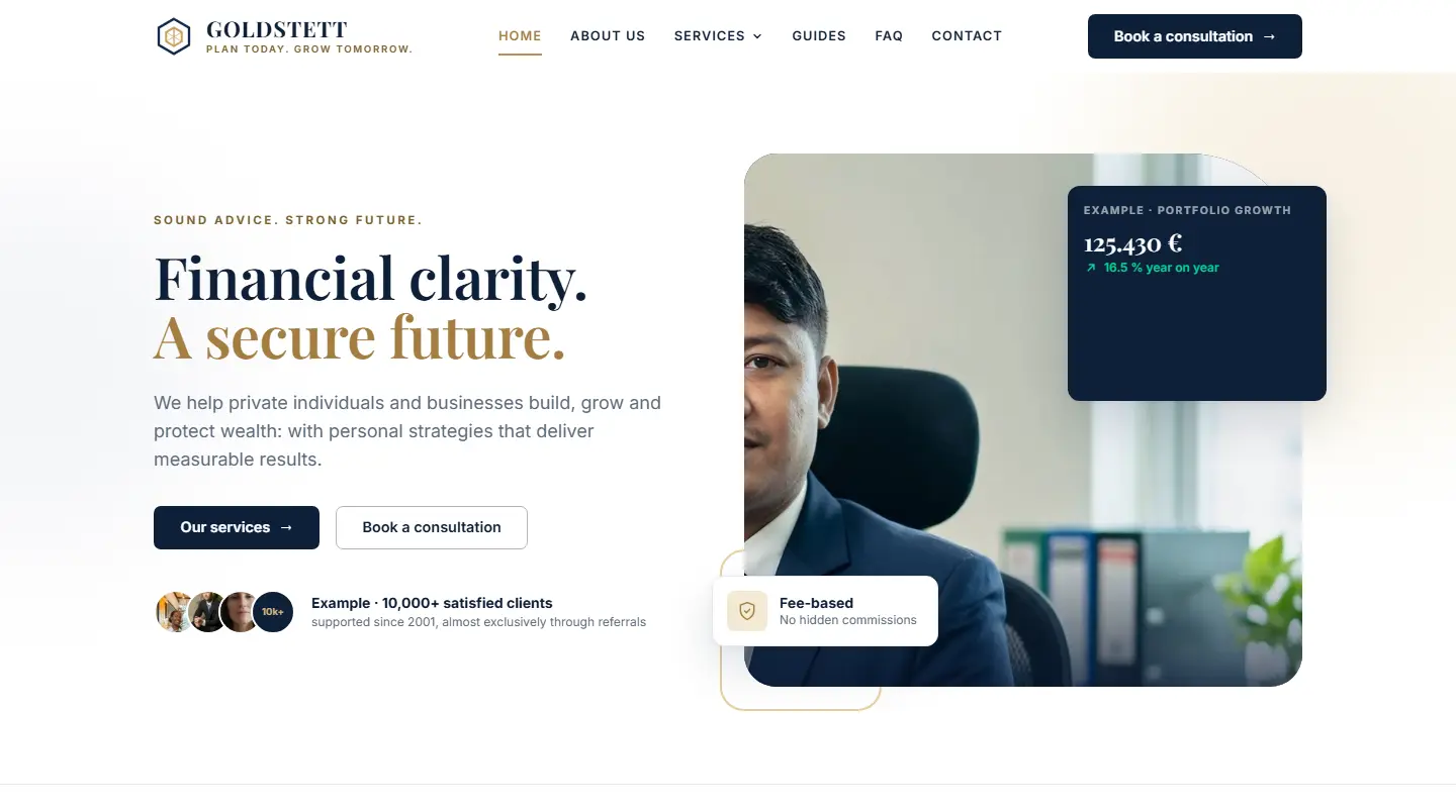Home page of the Goldstett template with a drawn gold price line on navy, serif headlines and counting key figures