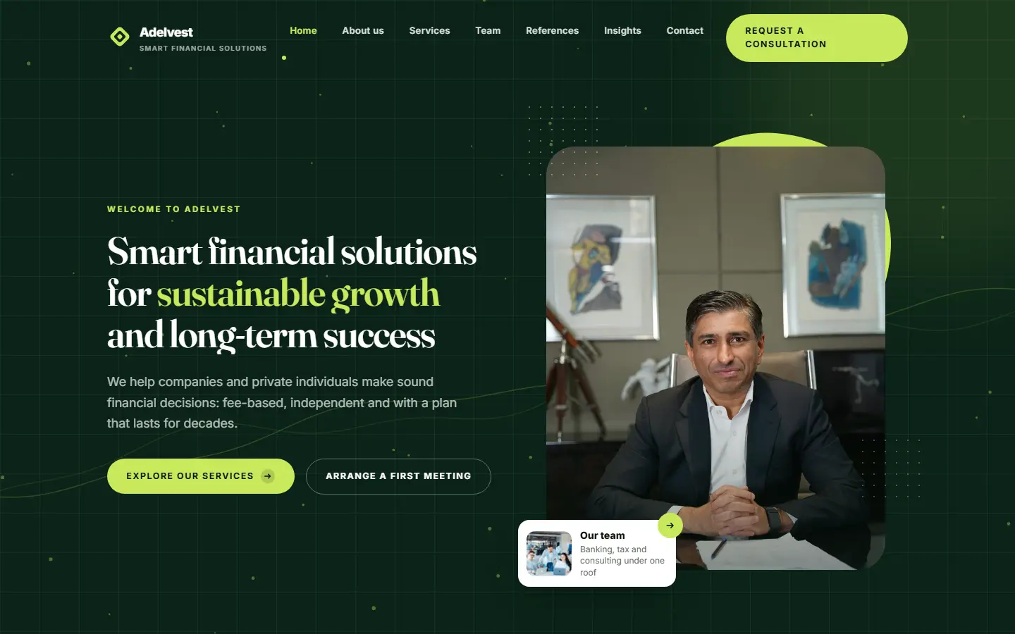 Home page of the Adelvest template with a drawn chart line on dark forest green, a lime accent and counting key figures