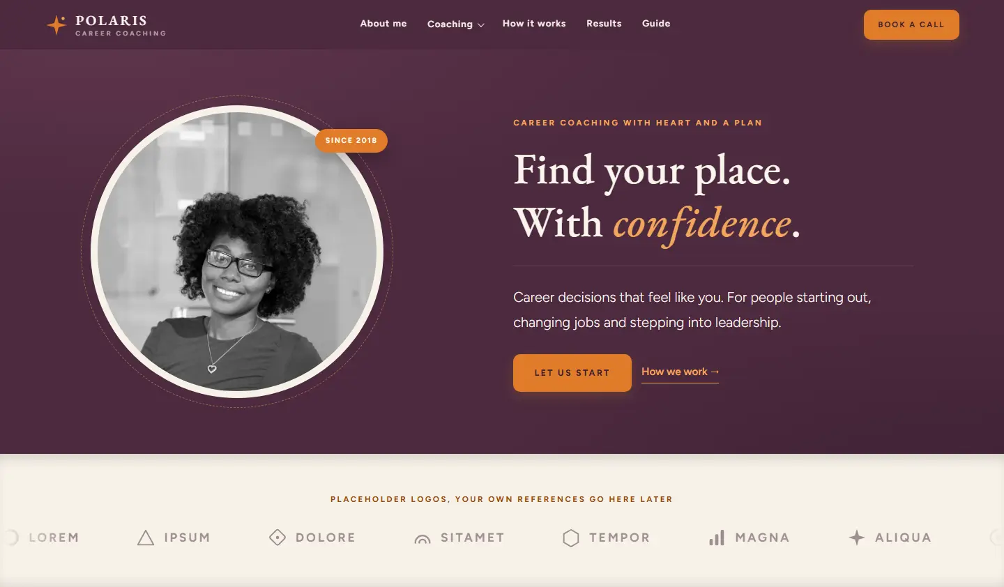 Home page of the Polaris template, a black and white portrait in a cream circle on deep plum, beside it a Garamond headline with an italic accent word