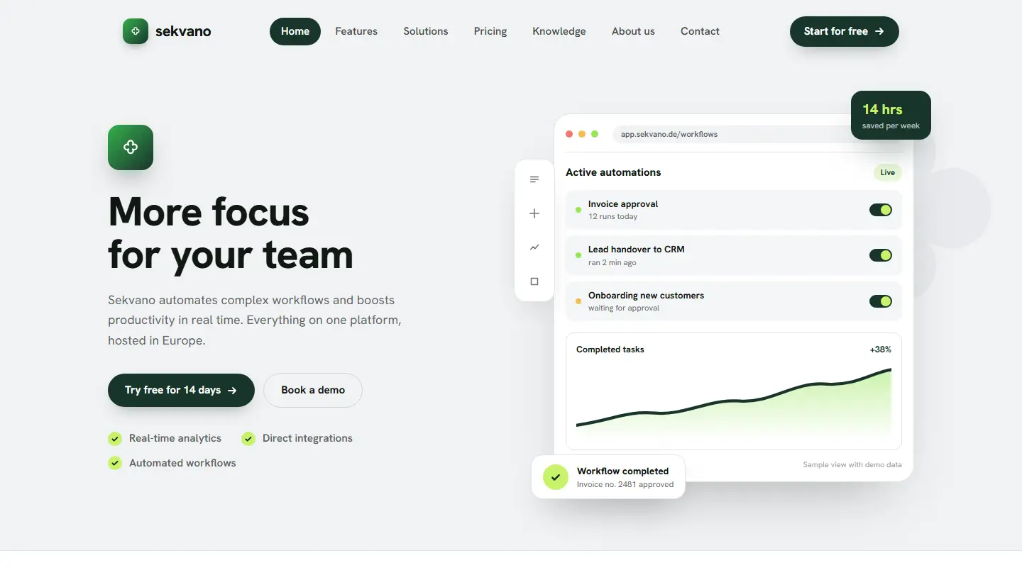 Home page of the Sekvano template with app mockup, pine green surfaces and lime accents