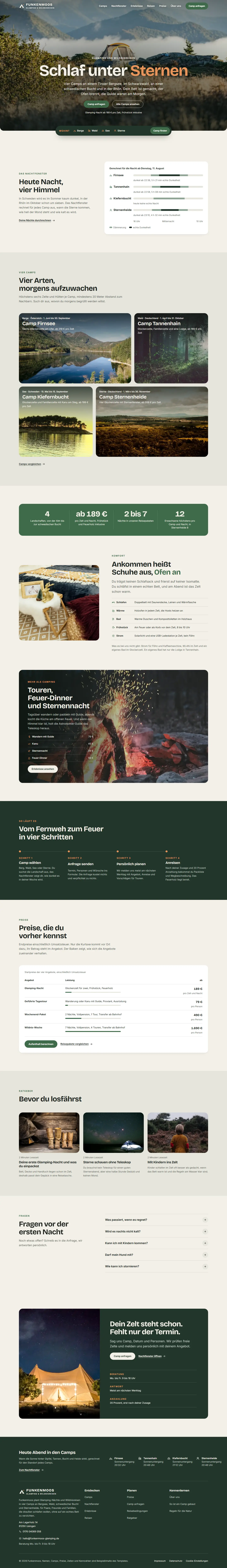 Startseite des Templates Funkenmoos für Glamping & Wildnisreisen