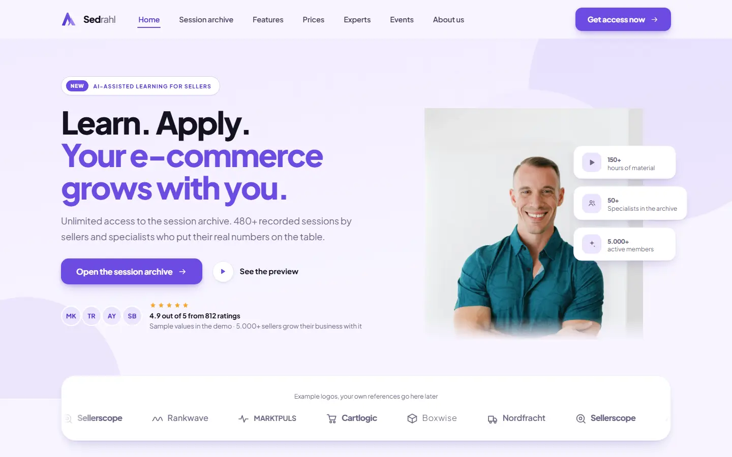 Home page of the Sedrahl template with a rebuilt search interface on light lavender, a violet accent and session cards