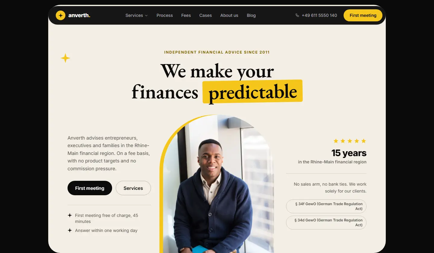 Home page of the Anverth template with an almost black ground, EB Garamond headlines, cream cards and a sun yellow accent