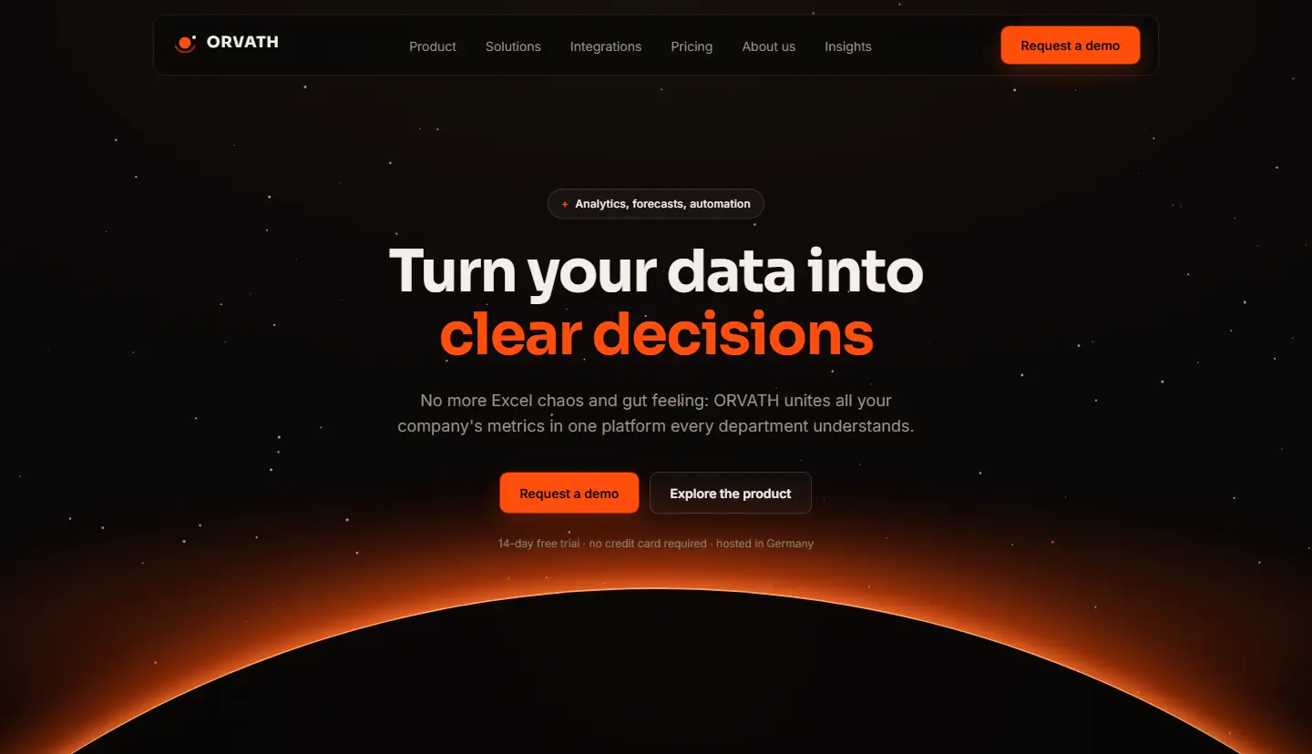 Home page of the Orvath template with a star field, glowing planetary horizon and a dashboard mock