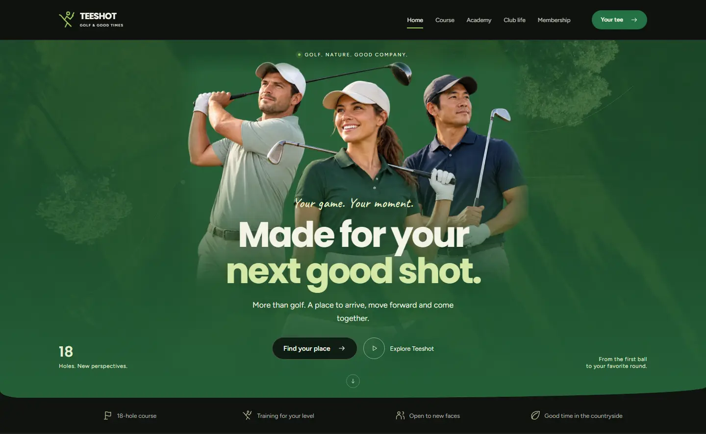 Home page of the Teeshot template with a full bleed course photograph, three cut out golfers, a large headline and a handwritten line above it