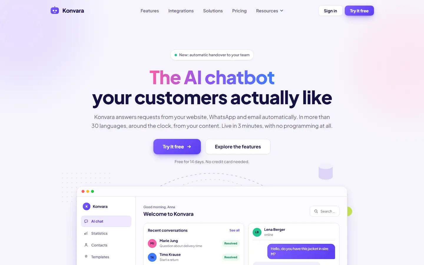 Home page of the Konvara template with a chat dashboard, light lavender surfaces and a pink to blue gradient in the headline