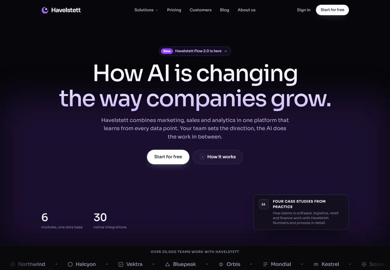 Home page of the Havelstett template with a night black ground, violet accents, a wave graphic and product views built in HTML