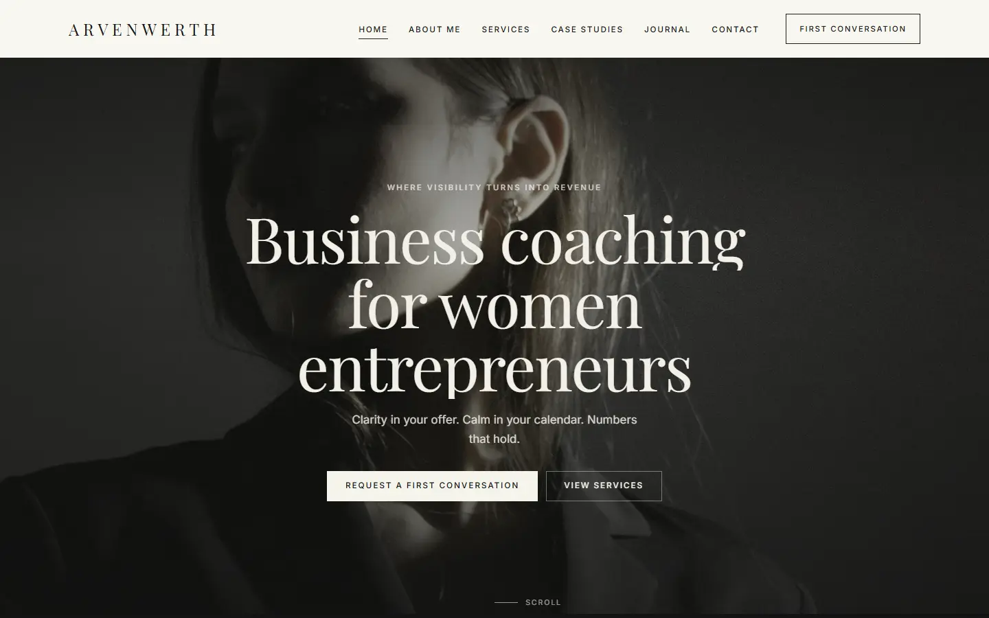 Homepage of the Arvenwerth template for business coaching for women entrepreneurs