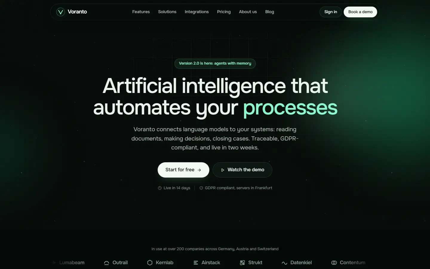 Home page of the Voranto template with a dark black-green ground, mint accents, glowing aurora surfaces and a dashboard built in HTML