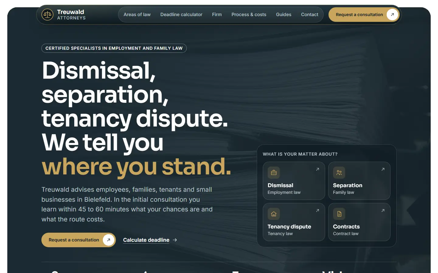 Home page of the Treuwald template with a dark marine panel, the headline about dismissal, separation and tenancy disputes and a signpost for four concerns
