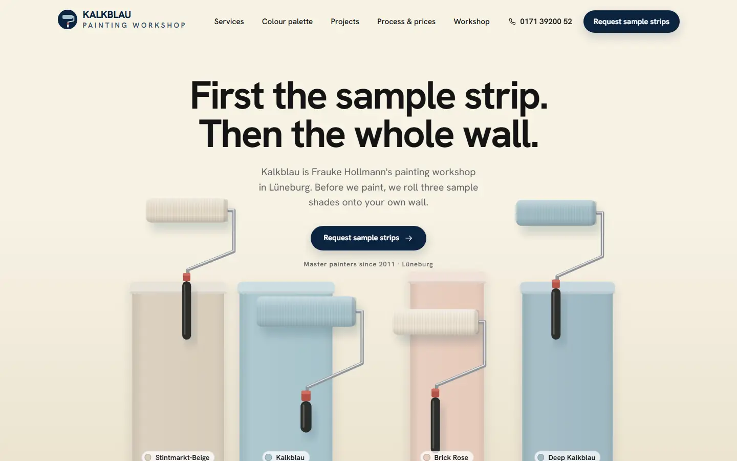 Home page of the Kalkblau template with a bold centred headline over four pastel paint strips and drawn paint rollers on a cream background