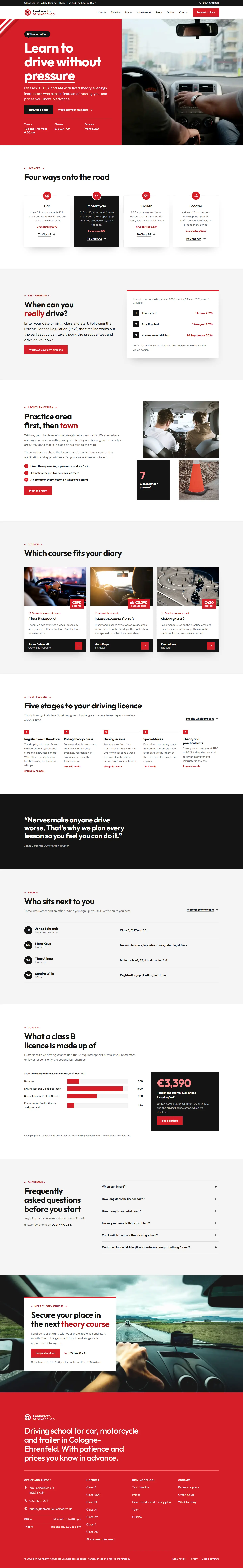 Home page of the Lenkwerth template with a red half with racing stripes, the headline learning to drive without pressure and a learner driver with instructor seen from the back seat