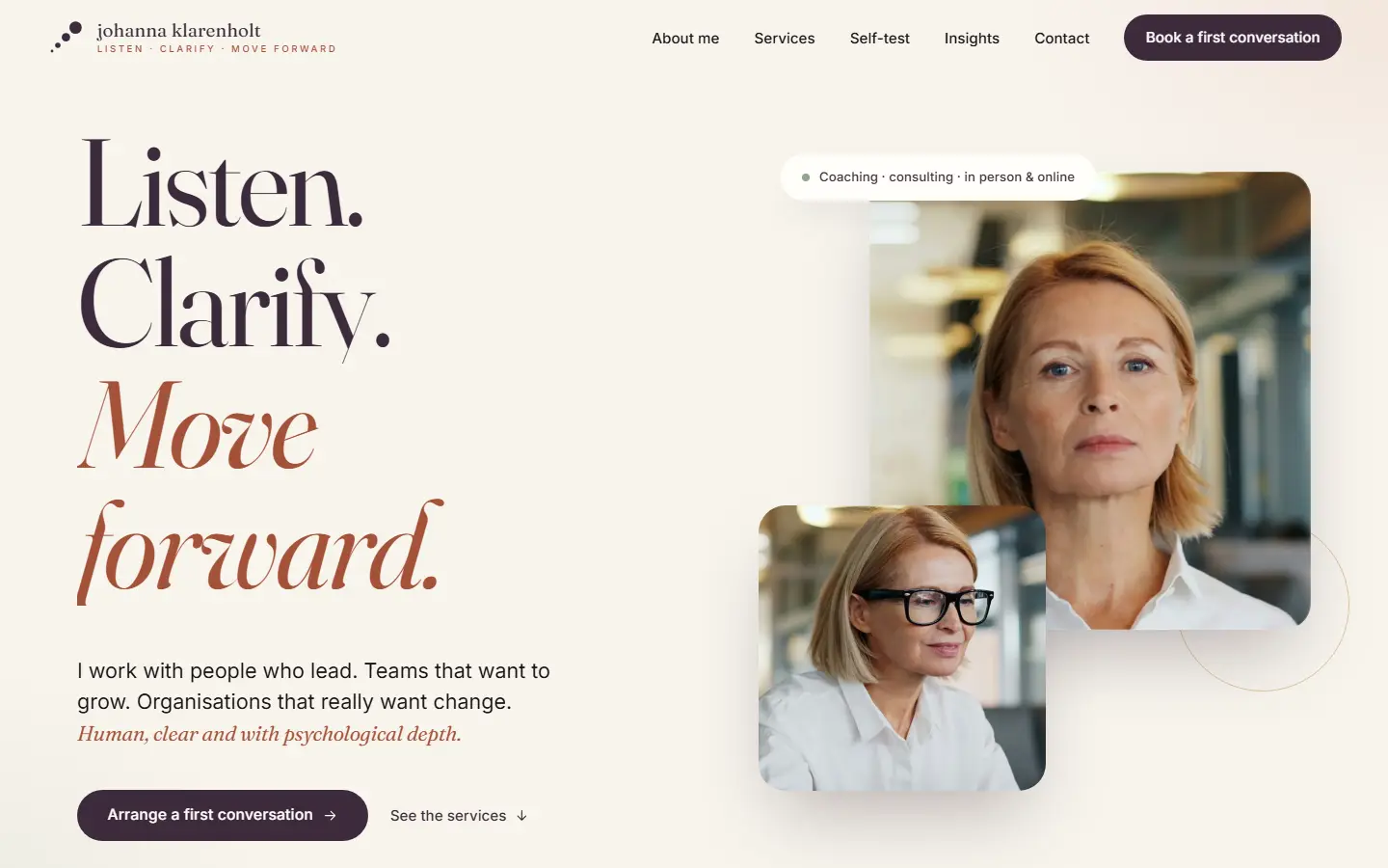 Homepage of the Klarenholt template for coaches and consultants