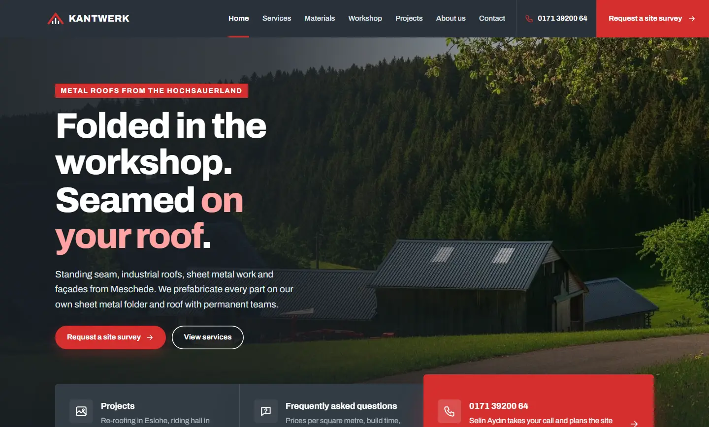 Home page of the Kantwerk template with farmhouses under dark metal roofs, the headline Folded in the workshop, seamed on your roof, and a red phone card below