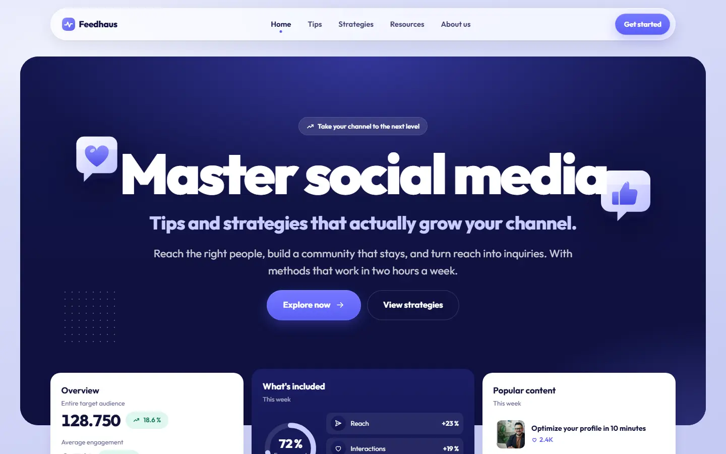 Home page of the Feedhaus template with a light periwinkle ground, a navy hero panel, floating 3D icons and an analytics dashboard built in HTML