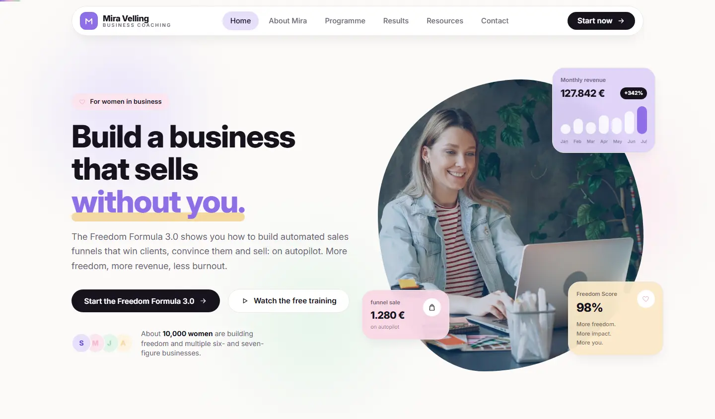Homepage of the Velling template for coaching and online business