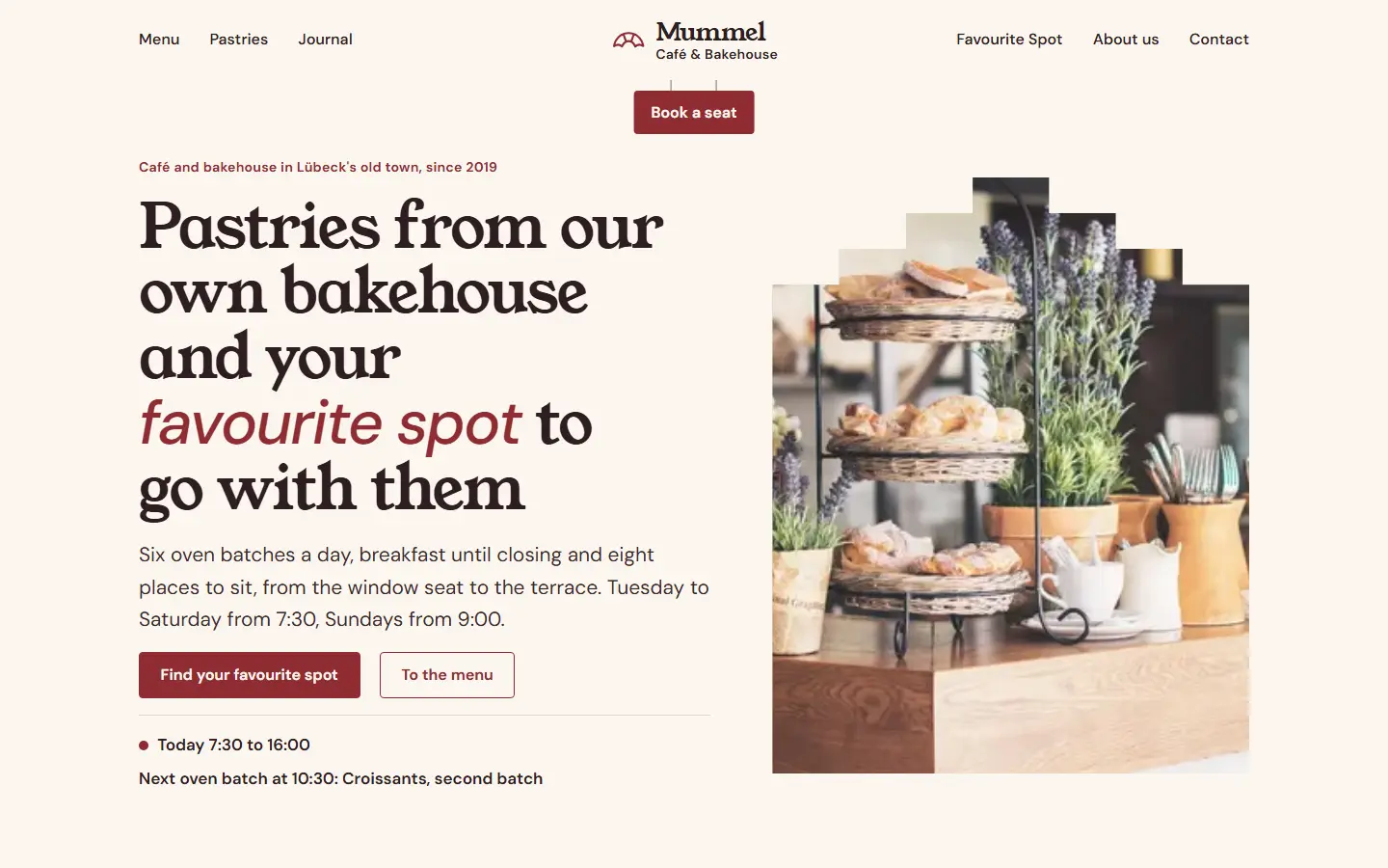 Home page of the café and bakehouse template with the headline about pastries from its own bakehouse and your favourite spot, two buttons and a photo of pastries on a cake stand, cut into a stepped gable