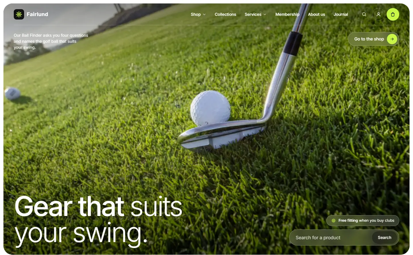 Home page of the Fairlund template with a golf ball photograph in a rounded frame, a large headline at the bottom left and a glass search field