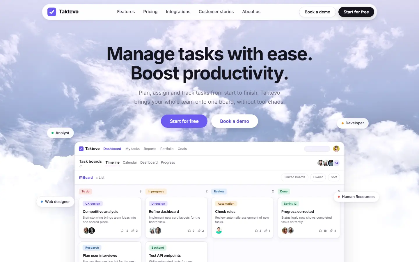 Home page of the Taktevo template with a cloud hero, floating role chips and a Kanban board mockup in light lavender