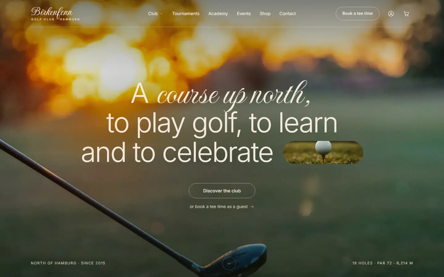 Home page of the Birkenfenn template with a golf driver against the evening light, script lettering and an olive header