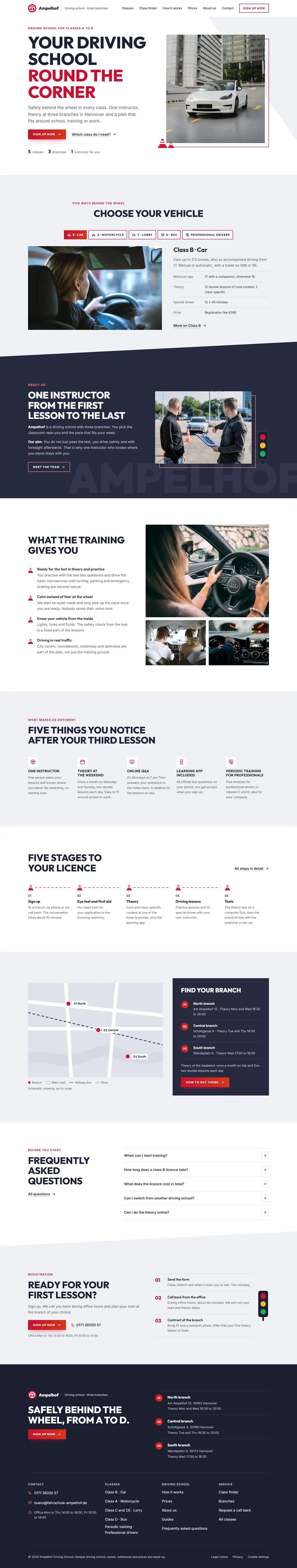 Home page of the Ampelhof template with a bold uppercase headline, a red call to action and a white car in an offset red frame