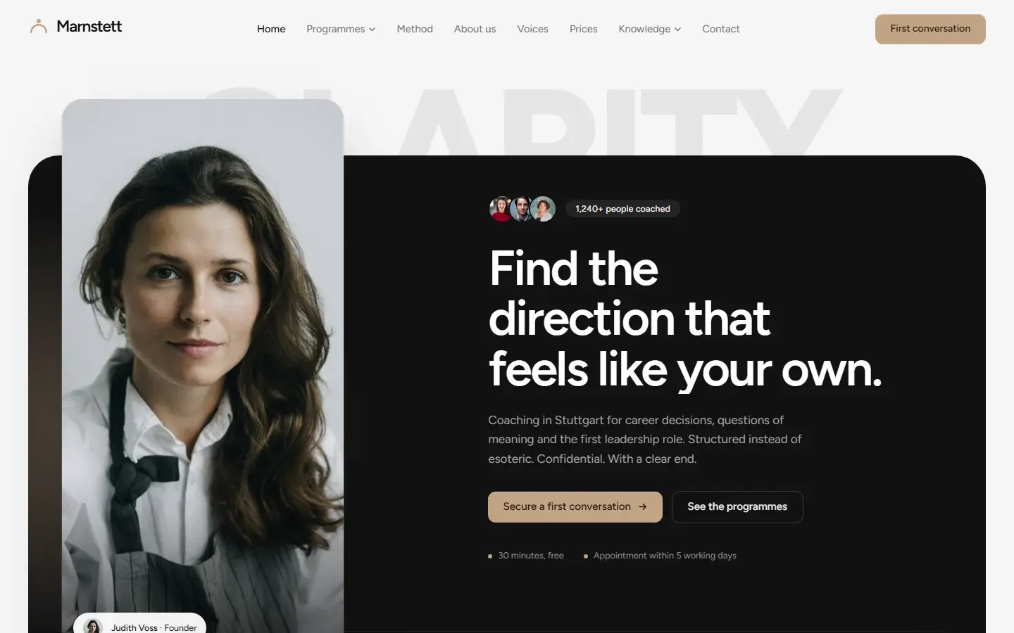 Homepage of the Marnstett template for a coaching studio