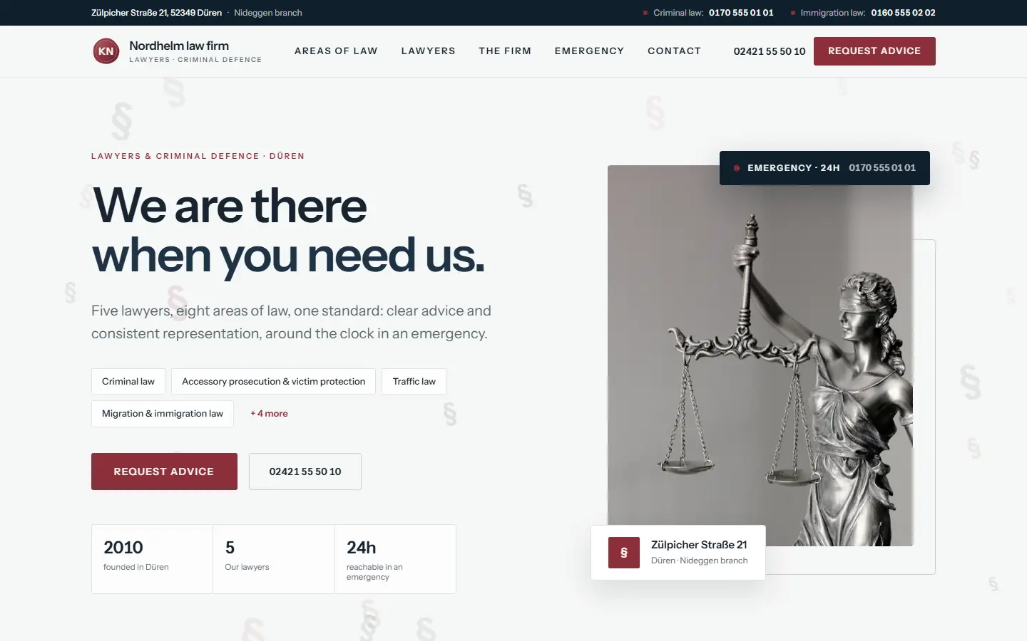 Homepage of the Nordhelm template for a law firm
